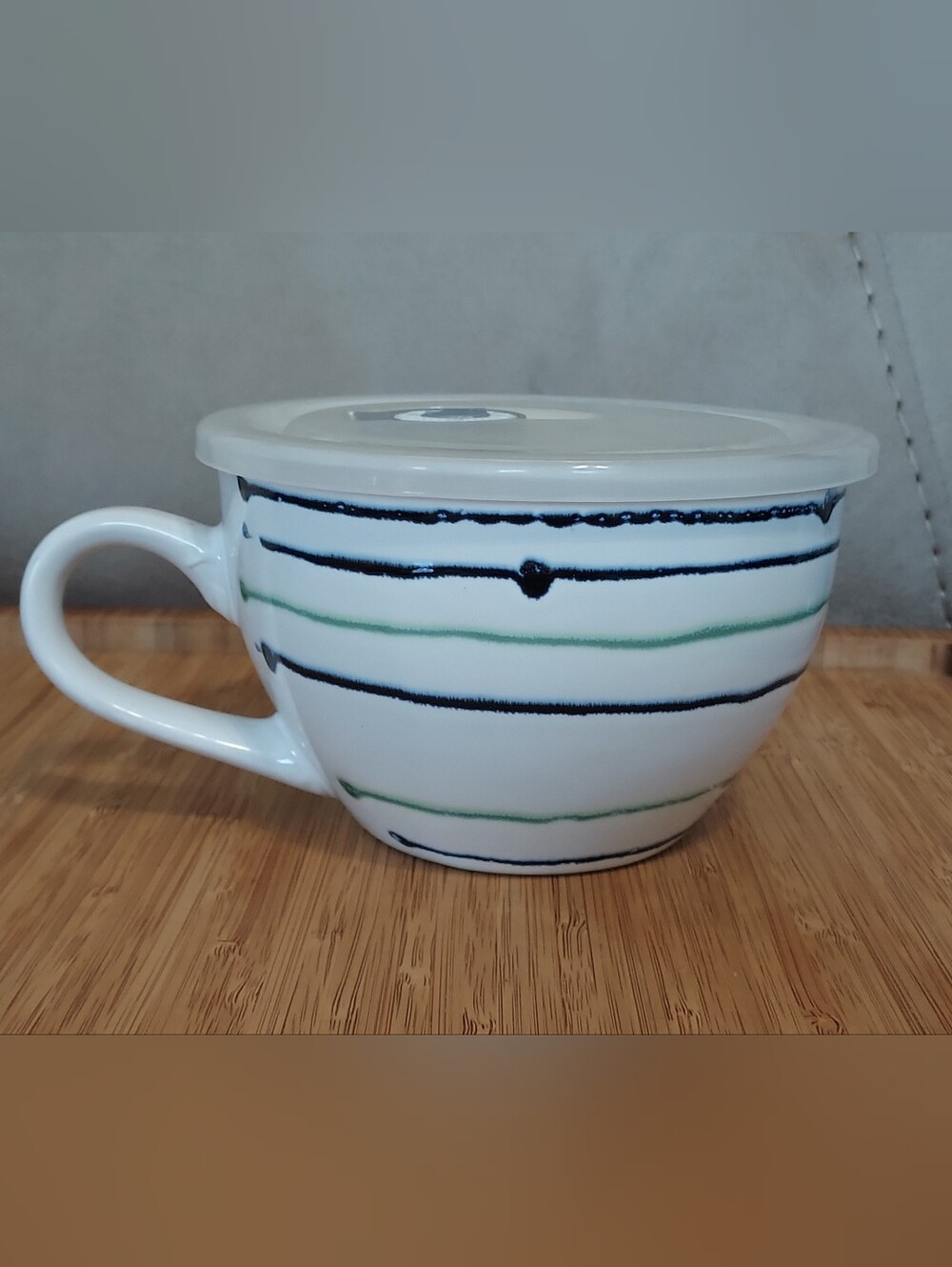 White Ceramic Mug with Green and Navy Stripe Design and Lid